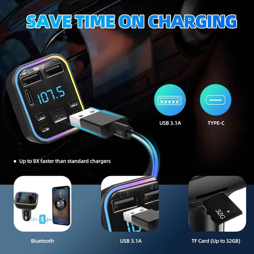 Bluetooth 5.0 FM Transmitter for Car PD Type C Dual USB 3.1A Fast Charger Colorful Ambient Light Player MP3 Modulator Hands-Free