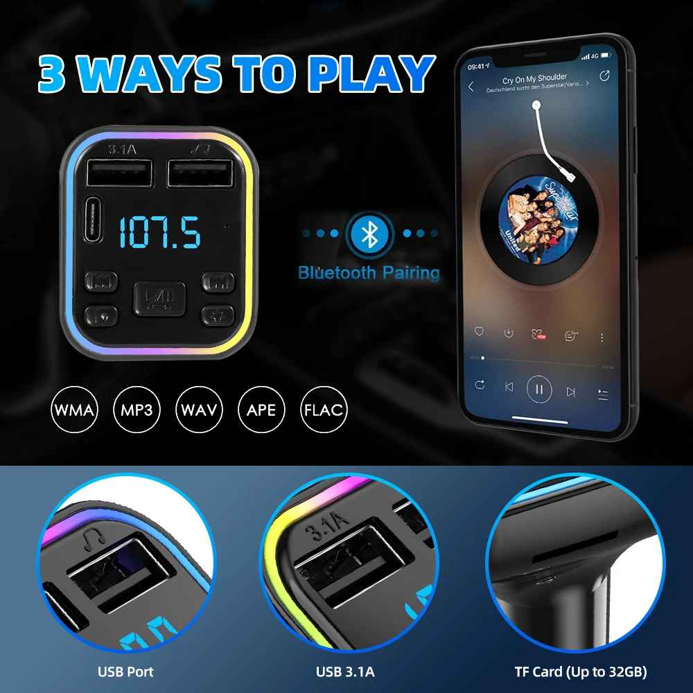 Bluetooth 5.0 FM Transmitter for Car PD Type C Dual USB 3.1A Fast Charger Colorful Ambient Light Player MP3 Modulator Hands-Free