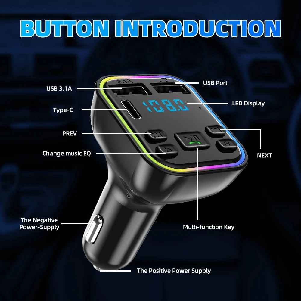 Bluetooth 5.0 FM Transmitter for Car PD Type C Dual USB 3.1A Fast Charger Colorful Ambient Light Player MP3 Modulator Hands-Free