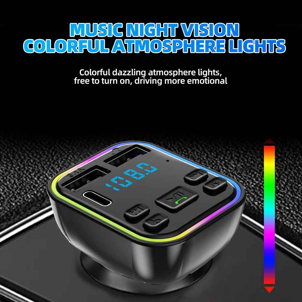 Bluetooth 5.0 FM Transmitter for Car PD Type C Dual USB 3.1A Fast Charger Colorful Ambient Light Player MP3 Modulator Hands-Free