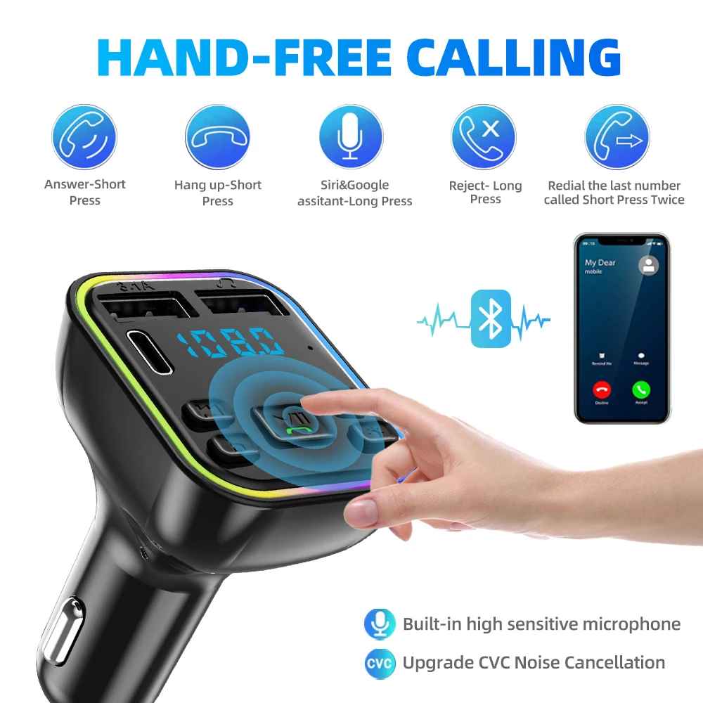 Bluetooth 5.0 FM Transmitter for Car PD Type C Dual USB 3.1A Fast Charger Colorful Ambient Light Player MP3 Modulator Hands-Free