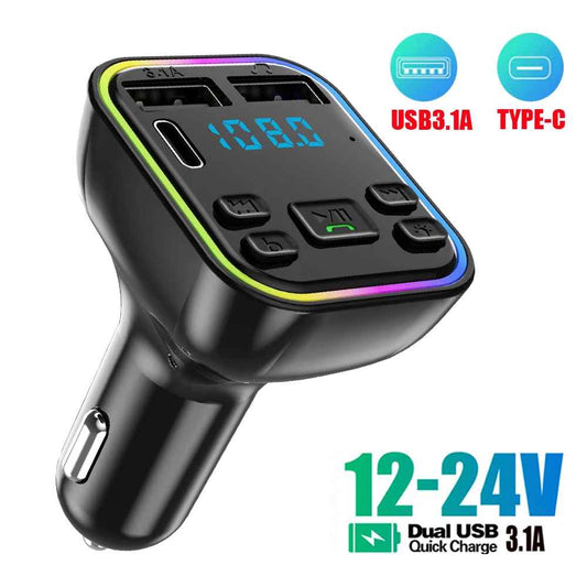 Bluetooth 5.0 FM Transmitter for Car PD Type C Dual USB 3.1A Fast Charger Colorful Ambient Light Player MP3 Modulator Hands-Free